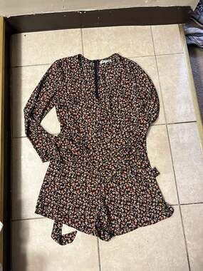 WILD HONEY Long Sleeve V-Neck Floral Print Romper with Back Zip and Waist Tie